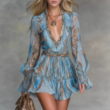Load image into Gallery viewer, Women's Snake Print Puff Sleeve Mini Dress | Boho V-Neck Ruffle Hem Dress in 2 Colors