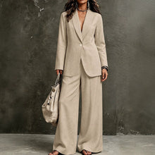 Load image into Gallery viewer, Women's Linen-Look Single-Button Blazer & Wide-Leg Trouser Suit Set