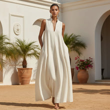 Load image into Gallery viewer, Linen Blend Sleeveless Stand-Collar Maxi Dress – 5 Colors S–3XL