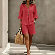 Load image into Gallery viewer, Women's Buttoned V-Neck Ruffle-Trim Top & Shorts Two-Piece Set