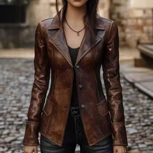 Load image into Gallery viewer, Women's Retro Slim-Fit Faux Leather Biker Jacket – Mid-Length
