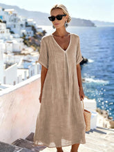 Load image into Gallery viewer, Patchwork Asymmetrical Maxi Dress – Relaxed V-Neck Style