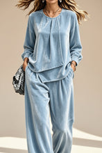Load image into Gallery viewer, Women's Velvet Center-Pleat Relaxed Top & Wide-Leg Pants Set