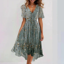 Load image into Gallery viewer, Floral Print A-Line Dress – V-Neck Short Sleeve Midi Dress
