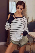 Load image into Gallery viewer, BiBi Stripe Yarn Dye Waffle One Shoulder Women's Top with Ribbon Detail