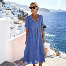 Load image into Gallery viewer, Patchwork Asymmetrical Maxi Dress – Relaxed V-Neck Style