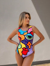 Load image into Gallery viewer, Pop Art Face Print One-Piece Swimsuit – Women's Bold Colorful Scoop Neck Swimwear