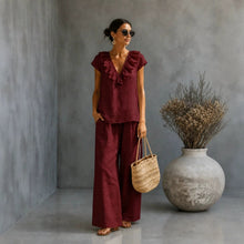 Load image into Gallery viewer, Women's V-Neck Ruffled Hem Top & Wide-Leg Pants Two-Piece Set