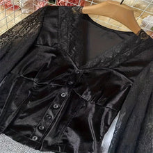 Load image into Gallery viewer, Women's Velvet & Lace Trim Top V-Neck Long Sleeve Blouse