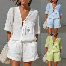 Load image into Gallery viewer, Women's Lace-Up Short-Sleeve Shirt & Loose Shorts Set – Casual Summer Co-Ord