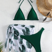 Load image into Gallery viewer, Feather Luxe 3-Piece Bikini Set – Exotic Feather Print Halter Neck Backless Swimsuit with High Cut Tie Back Bottoms and Wrap Cover-Up – Women’s High-Stretch Comfortable Swimwear for Summer Beach & Pool Vacations