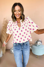 Load image into Gallery viewer, Black Polka Dot Print Smocked Notched Neck Balloon Sleeve Blouse