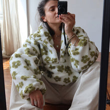 Load image into Gallery viewer, Winter Flowers Lambskin Sweatshirt Women | Cozy Zip-Up Pocket Pullover