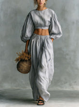 Load image into Gallery viewer, Women's Puff-Sleeve Crew-Neck Two-Piece Set with Pockets