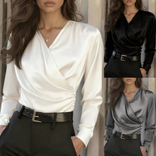 Load image into Gallery viewer, Women's Elegant Cross V-Neck Blouse, Ruffle Detail Button Accent Office Shirt