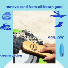 Load image into Gallery viewer, Beach Sandy Brush Kit – Eco-Friendly Sand Remover with Beech Wood Brushes & Microfiber Towel Bag – Portable Beach Accessory for Feet, Gear, & Pets