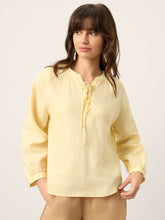 Load image into Gallery viewer, 100% Linen Lace-Up Shirred Lantern Sleeve Blouse DOROTHEA