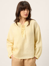 Load image into Gallery viewer, 100% Linen Lace-Up Shirred Lantern Sleeve Blouse DOROTHEA
