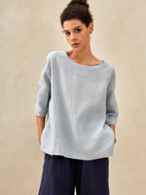 Load image into Gallery viewer, 100% Linen Gingham Checked Boatneck 3/4 Length Sleeve Top AURORA