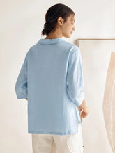 Load image into Gallery viewer, 100% Linen Stripe Shawl V-Neck Half Sleeve Top