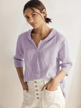 Load image into Gallery viewer, 100% Linen Stripe Shawl V-Neck Half Sleeve Top