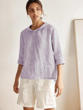 Load image into Gallery viewer, 100% Linen Stripe Shawl V-Neck Half Sleeve Top