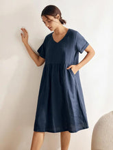 Load image into Gallery viewer, 100% Linen V-Neck Waist Ruched Pocket Dress CHARLOTTE