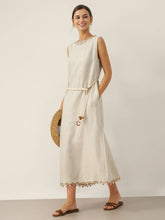 Load image into Gallery viewer, 100% Linen Beaded Crew Neck Maxi Dress with Belt BELLA