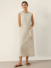 Load image into Gallery viewer, 100% Linen Beaded Crew Neck Maxi Dress with Belt BELLA