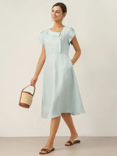 Load image into Gallery viewer, 100% Linen Crescent Collar Flutter Sleeve Midi Dress FIONA