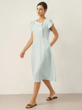 Load image into Gallery viewer, 100% Linen Crescent Collar Flutter Sleeve Midi Dress FIONA