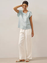 Load image into Gallery viewer, 100% Linen Crescent Collar Flutter Sleeve Top FARA