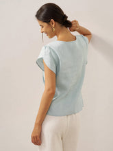 Load image into Gallery viewer, 100% Linen Crescent Collar Flutter Sleeve Top FARA