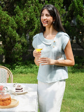 Load image into Gallery viewer, 100% Linen Crescent Collar Flutter Sleeve Top FARA