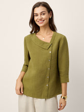 Load image into Gallery viewer, 100% Linen Crescent Neck Button Detail 3/4 Sleeve Top ADALYN