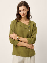 Load image into Gallery viewer, 100% Linen Crescent Neck Button Detail 3/4 Sleeve Top ADALYN