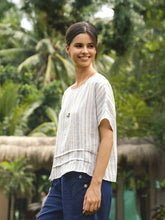 Load image into Gallery viewer, 100% Linen Pleated Striped Pullover Top VIA