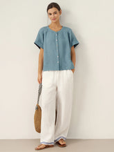 Load image into Gallery viewer, 100% Linen Embroidered Elastic Waist Pants FENE