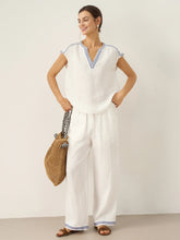 Load image into Gallery viewer, 100% Linen Embroidered Elastic Waist Pants FENE
