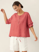 Load image into Gallery viewer, 100% Linen Flutter Sleeve Drawstring Top ZOEY
