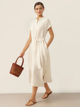 Load image into Gallery viewer, 100% Linen Mandarin Collar Maxi Dress with Detachable Belt MARGARET