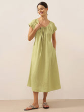 Load image into Gallery viewer, 100% Linen Pleated Crew Neck Maxi Dress with Detachable Tie Straps MIRA