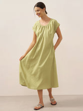 Load image into Gallery viewer, 100% Linen Pleated Crew Neck Maxi Dress with Detachable Tie Straps MIRA