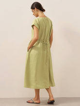 Load image into Gallery viewer, 100% Linen Pleated Crew Neck Maxi Dress with Detachable Tie Straps MIRA