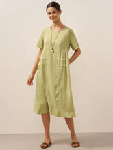 Load image into Gallery viewer, 100% Linen Pleated Crew Neck Midi Dress MILA