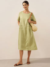 Load image into Gallery viewer, 100% Linen Pleated Crew Neck Midi Dress MILA