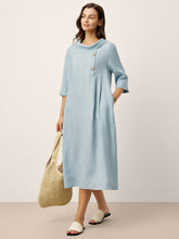 Load image into Gallery viewer, 100% Linen Rolled Collar Asymmetric Button Maxi Dress ELARAINE