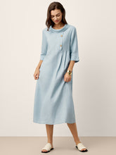 Load image into Gallery viewer, 100% Linen Rolled Collar Asymmetric Button Maxi Dress ELARAINE