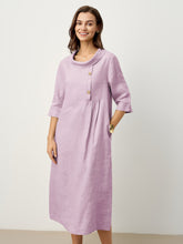 Load image into Gallery viewer, 100% Linen Rolled Collar Asymmetric Button Maxi Dress ELARAINE