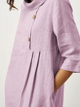 Load image into Gallery viewer, 100% Linen Rolled Collar Asymmetric Button Maxi Dress ELARAINE